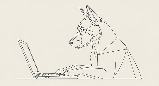 Dog using a laptop computer, minimalist line art illustration of a canine working online.