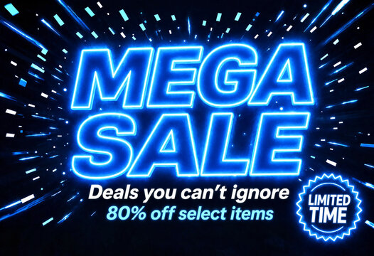Bright neon mega sale advertisement with glowing blue lights and limited time offer details