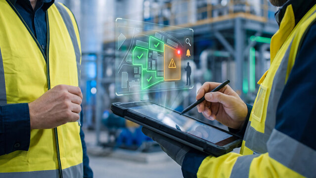 Industrial facility safety monitoring and hazard alert concept. Engineers using tablet with plant zone map, warning alert and worker location in factory for operations and safety management