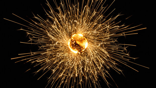 Macro shot of a glowing hot sphere sparkler core exploding with golden light trails and sparks