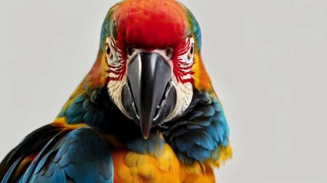 Colorful Macaw Parrot Portrait Showcasing Vivid Plumage, Bright Feathers, Curved Beak and Curious