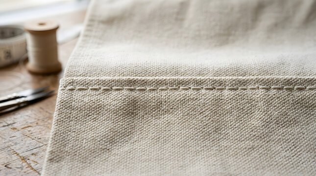 Close up of natural beige linen fabric texture with visible stitching detail next to a wooden spool of thread