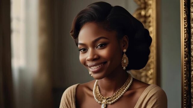Elegant Black Woman Smiling in Pearl Jewelry and Refined Attire Indoors Pereira