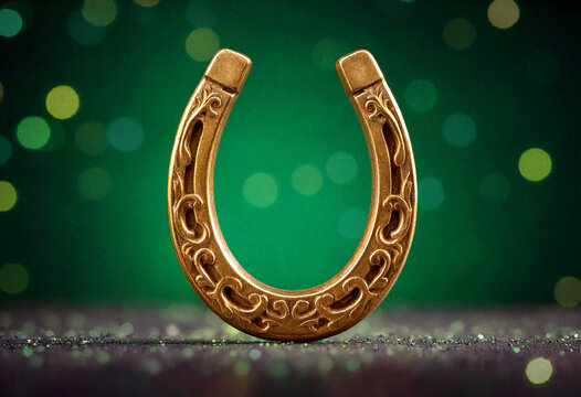 Decorative golden horseshoe with intricate patterns and elegant design on green bokeh lights background