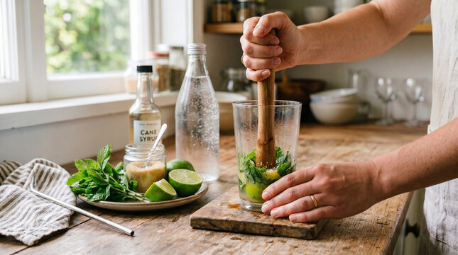 Hands using a wooden muddler to crush fresh mint leaves and limes inside a glass on a kitchen counter with syrup, sparkling water, and sugar nearby