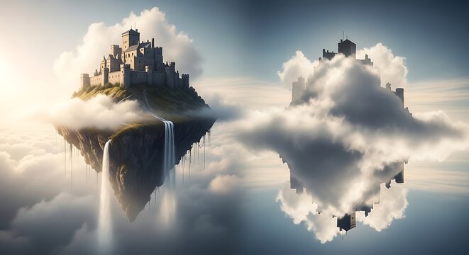 Fantasy floating castle on island with waterfalls above clouds in surreal sky landscape