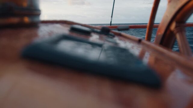 Wet details of the expeditional sailing vessel moving in the open ocean