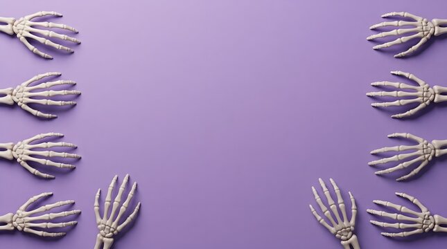 Skeleton Hands Frame on Purple Background &ndash; Halloween or Anatomy Concept