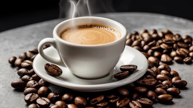 Steaming Espresso Coffee Cup with Roasted Coffee Bean Garnish on Ceramic Saucer Surface