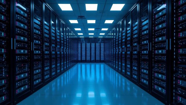 Secure Server Room With Blue Lighting, Reflective Floor And Illuminated Server Rack Corridor