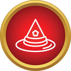 Fototapeta premium Wizard hat outline icon with a star on a red circular button