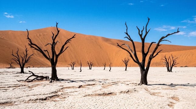 Ancient dead camel thorn trees in Deadvlei clay pan against red sand dunes in Namib desert, Namibrand Namibia