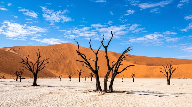Silhouetted dead camel thorn trees in Deadvlei white clay pan against orange sand dunes under blue sky, Namibia