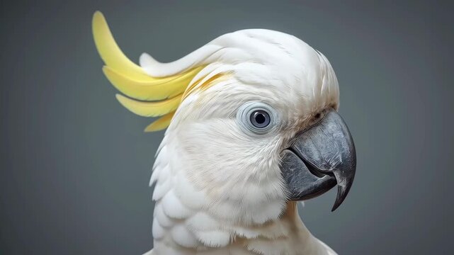 White Cockatoo Parrot Bird Portrait with Yellow Crest Feathers and Curved Beak Against Dark