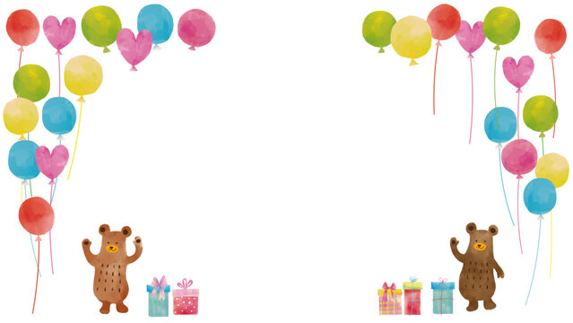 水彩風 熊さんとギフトと風船フレーム Happy Series:Watercolor-style frame featuring a bear, a gift, and balloons