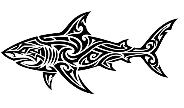 Tribal shark tattoo design, purple and black Polynesian-inspired vector illustration