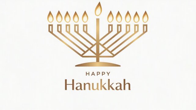 Elegant gold menorah with lit candles and "happy hanukkah" greeting on a clean white background for festive holiday celebration.