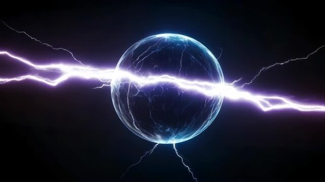Electric Lightning Around Glowing Sphere Creating Dramatic Electric Energy Against Dark Background