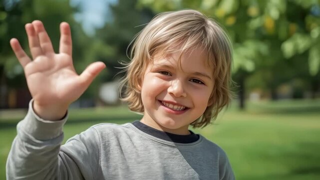 Child Waving with Joyful Smile in Sunny Green Park, Outdoor Happiness Scene