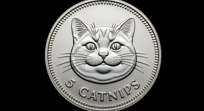 Silver coin with cat face engraving and 5 Catnips text isolated on black background