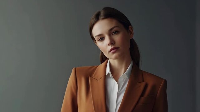 Professional Woman in Brown Blazer and White Shirt Against Gray Studio Background