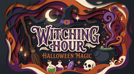 Naklejka premium Halloween illustration with witch hat and cauldron in paper style
