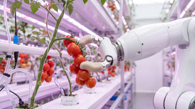 Automated AI Robotic Arm Gripper Harvesting Ripe Cherry Tomatoes in Vertical Farm