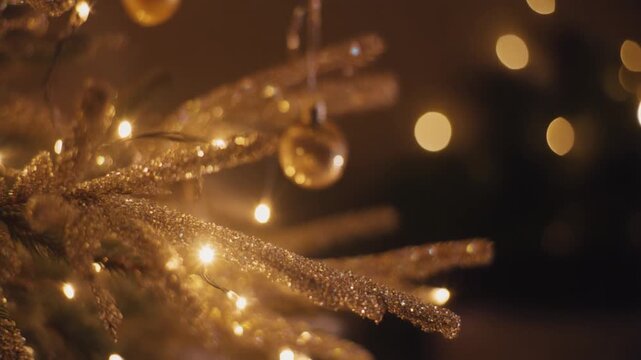 A close-up of a Christmas tree branch coated in shimmering glitter, tiny reflective particles catching and scattering warm golden light as the camera slowly moves past, delicate ornaments