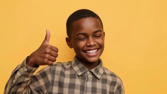 Smiling African Boy Giving Thumbs Up, Cheerful Child Portrait on Yellow Background