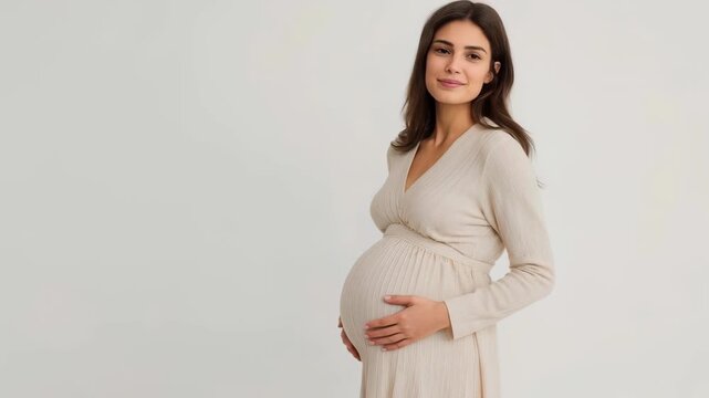 Pregnant Woman Holding Belly Beige Dress, Gentle Maternity Portrait with Calm Pregnancy Expression