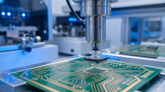 Automated SMT Pick-and-Place Machine Mounting Microchip on Electronic Circuit Board