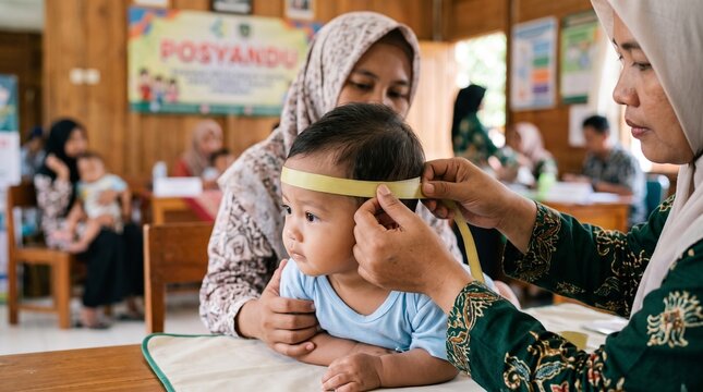 Indonesian Healthcare Worker Measuring the Head Circumference of a Toddler at a Local Posyandu Community Health Clinic for Routine Growth Monitoring