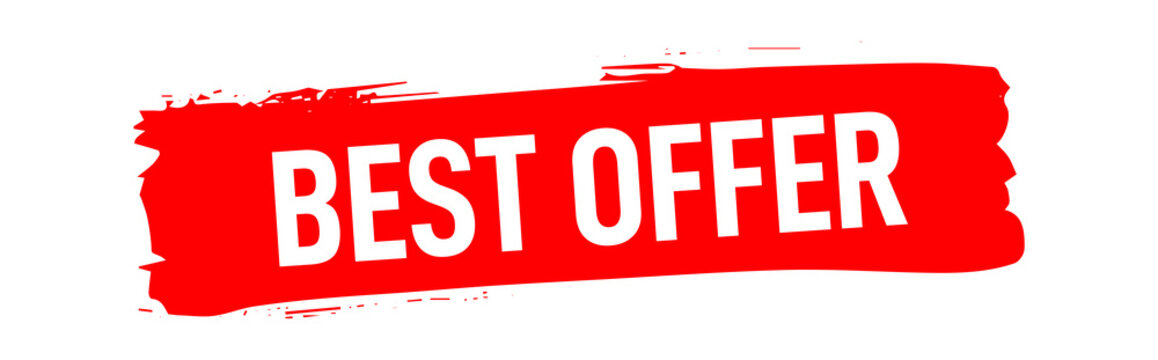 Red grunge brush stroke best offer banner with bold typography isolated on white background. Modern distressed promotion design perfect for retail advertising, discount campaigns, shopping labels