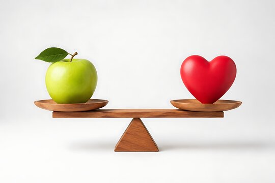 Green apple and red heart on balance scale