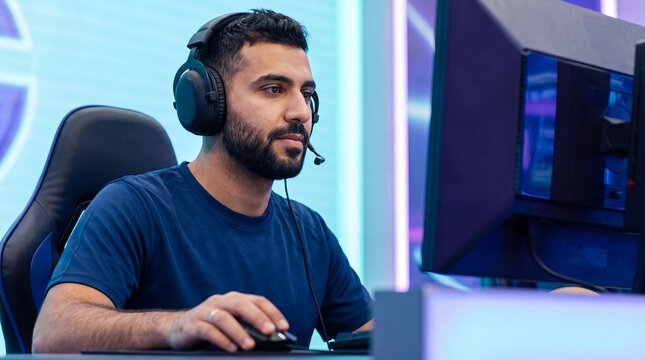 esports gamer asian male headset computer focused player tournament technology A bearded competitor uses a mouse at a bright modern station with steady concentration for gaming hardware promotion