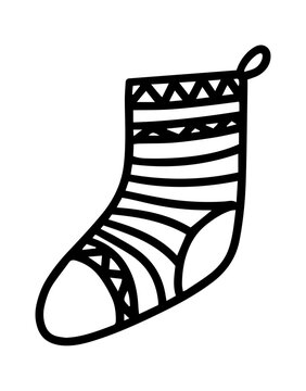 Hand drawn doodle Christmas stocking illustration in outline style, perfect for holiday decorations, greeting cards, stickers, and festive designs.