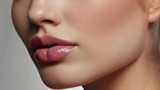 Glossy Pink Lips and Smooth Skin Closeup Beauty Portrait with Soft Feminine Facial Texture
