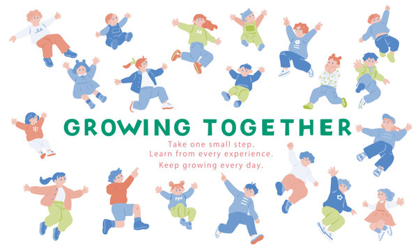 子育て・教育コンテンツ向け「GROWING TOGETHER」子供たちのジャンプイラストコレクション