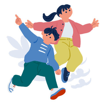 指を差してジャンプする2人の子供のイラスト
