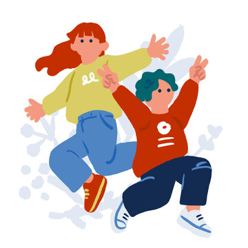 ピースサインでジャンプする2人の子供のイラスト