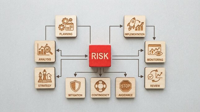 Risk management conceptual flowchart illustrated with red wooden blocks and engraved square tiles showing business strategy icons arranged neatly on a smooth light gray surface