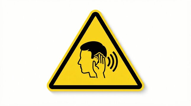 Yellow triangular caution sign featuring a bold black silhouette icon of a human head cupping an ear to indicate loud noise hazards or high decibel levels in an industrial workspace or public area.