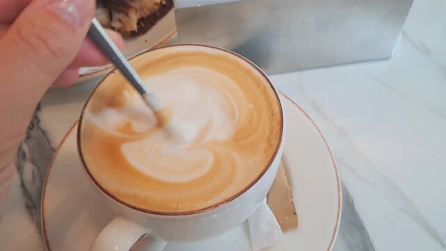 A person holding a spoon with milk foam over a cup of cappuccino on a marble table, with a chocolate cake in the background