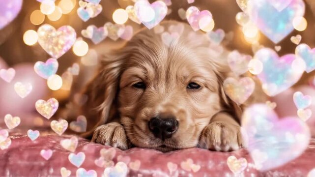 Golden puppy on pink blanket with floating heart bokeh