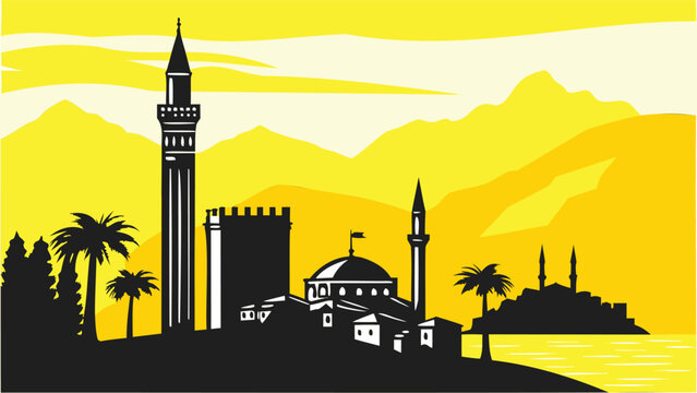 Antalya skyline and landmark vector illustration for travel souvenirs