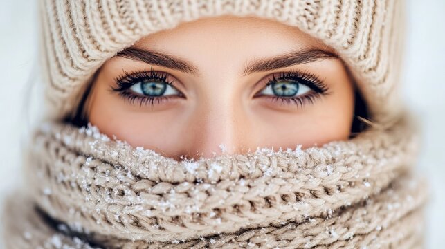 Stunning Close Portrait of a Woman Wearing Stylish Wool Beanie and A Cozy Knitted Wintery Scarf