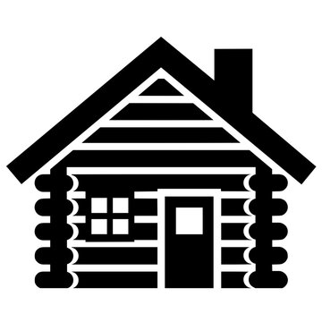 Bold black silhouette of a rustic log cabin with chimney, window, and door in flat icon style, minimalist illustration perfect for camping, nature, wilderness, and outdoor adventure themes.