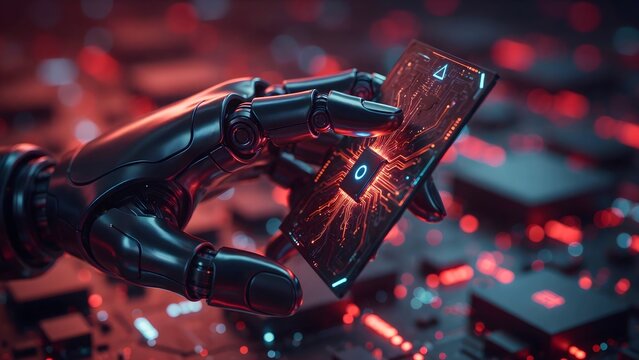 Robotic Hand Holding Advanced AI Processor Chip on a Digital Circuit Board, Symbolizing Future Technology and Artificial Intelligence Development