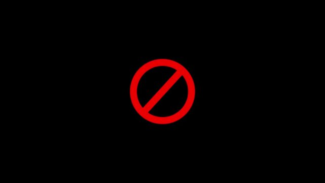 Red sign stop, cross, x, ban, cancel, prohibited icon animation on black background.