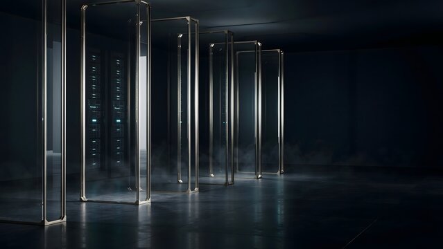 Slender glass monoliths in futuristic data center render &ndash; Perfect for cloud infrastructure, server room technology, or IT architecture.
